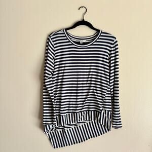 Cabi Blue + White Bengal Stripe Asymmetrical Long Sleeve Tee - Small